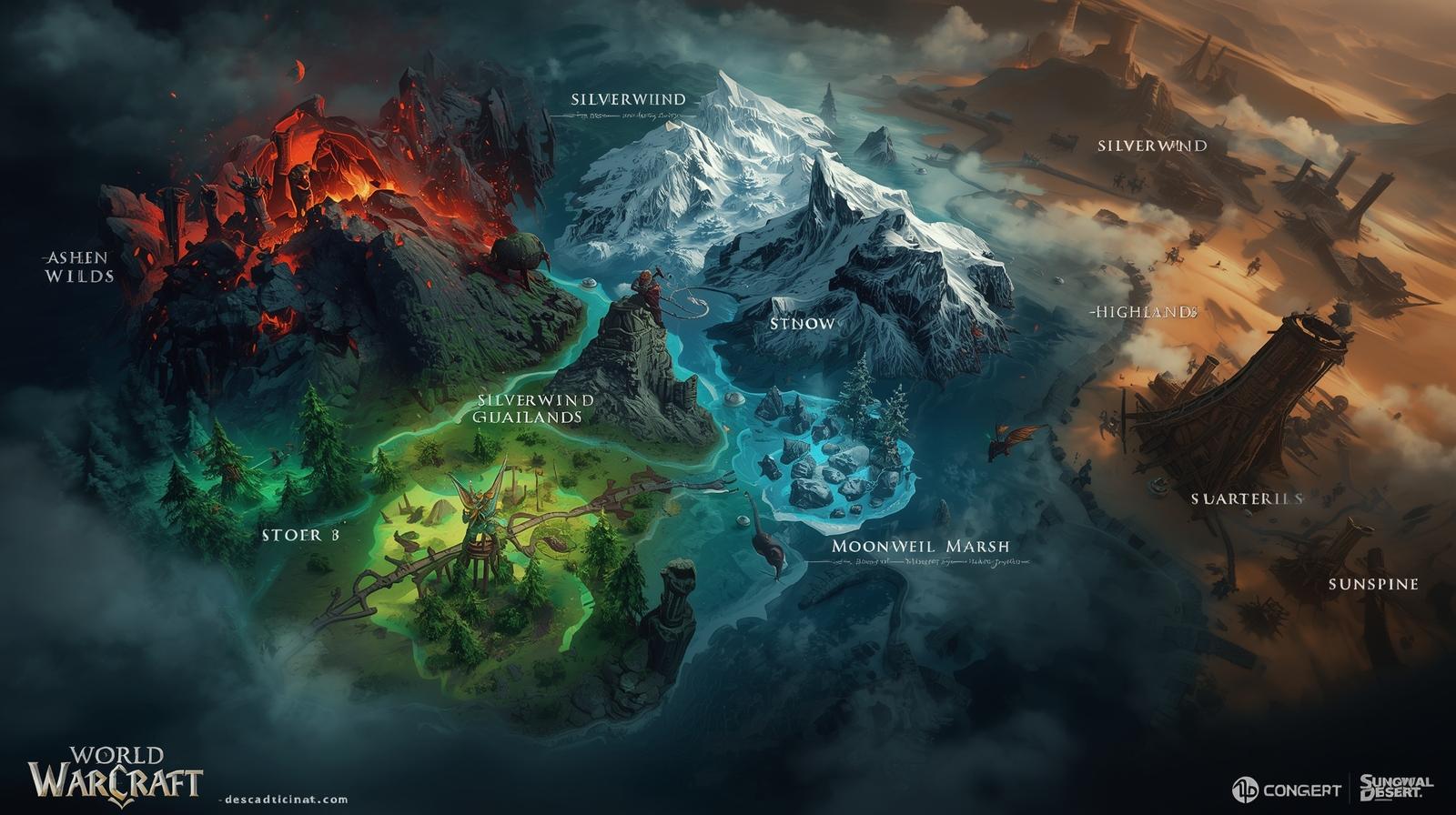 Stylized world map showing Ashen Wilds, Silverwind, Moonveil Marsh, Highlands, and Sunspine